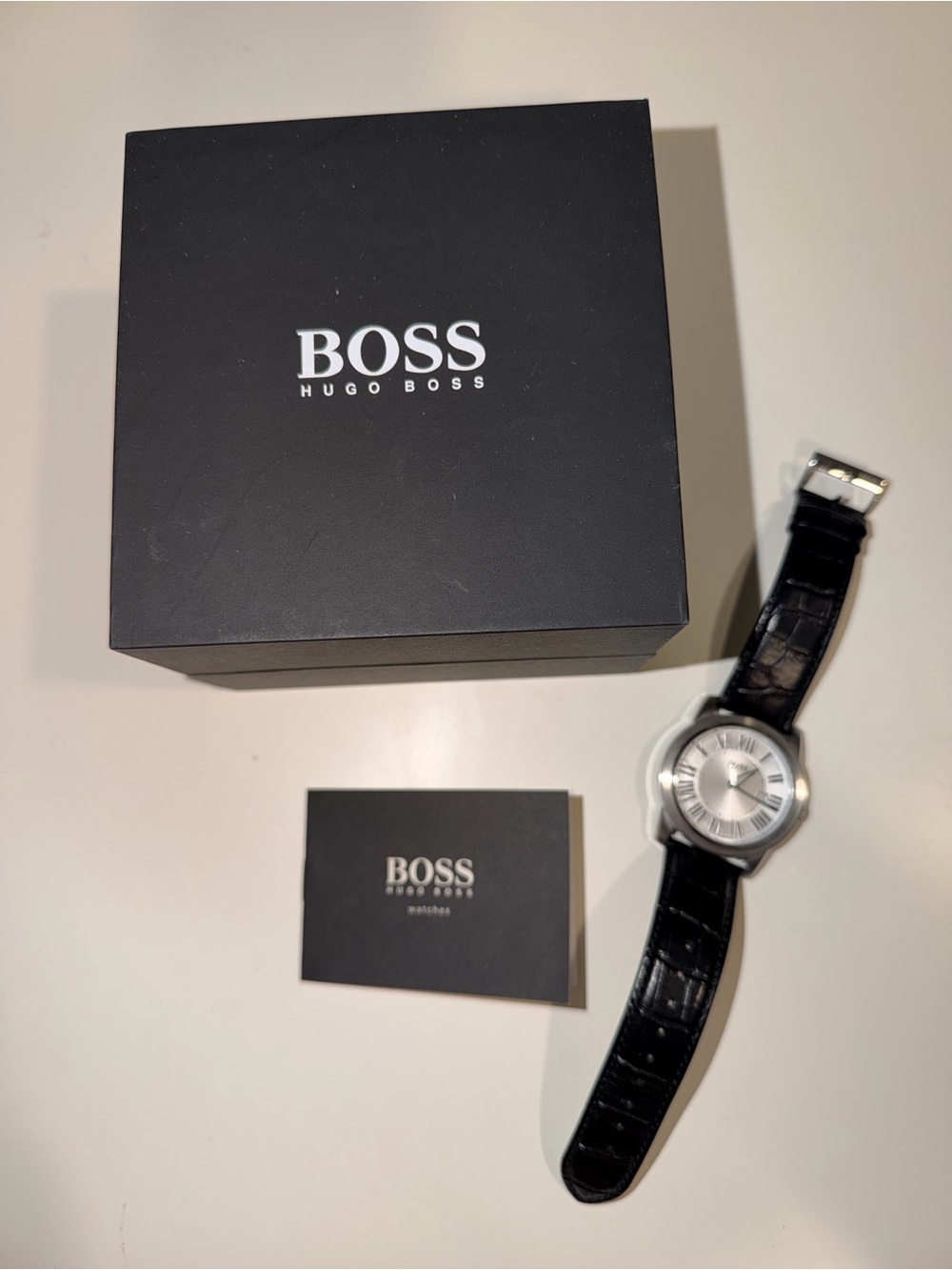 Hugo Boss Silver Dial Watch with Black Leather Strap